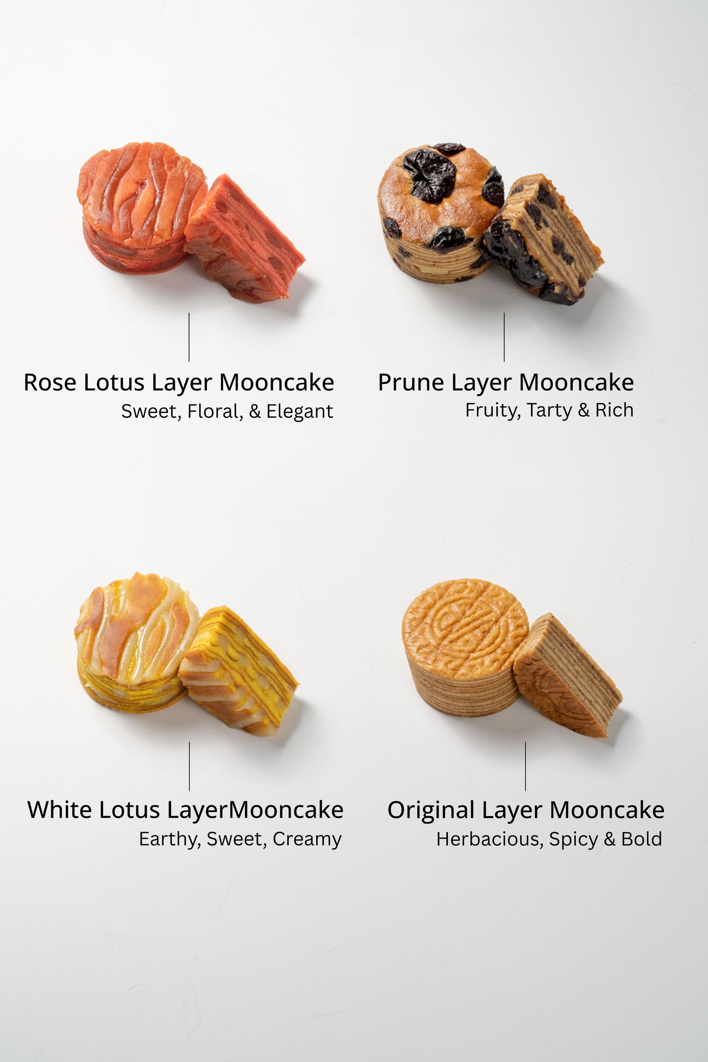 Four types of mooncake derived from layer cake shot on a white background