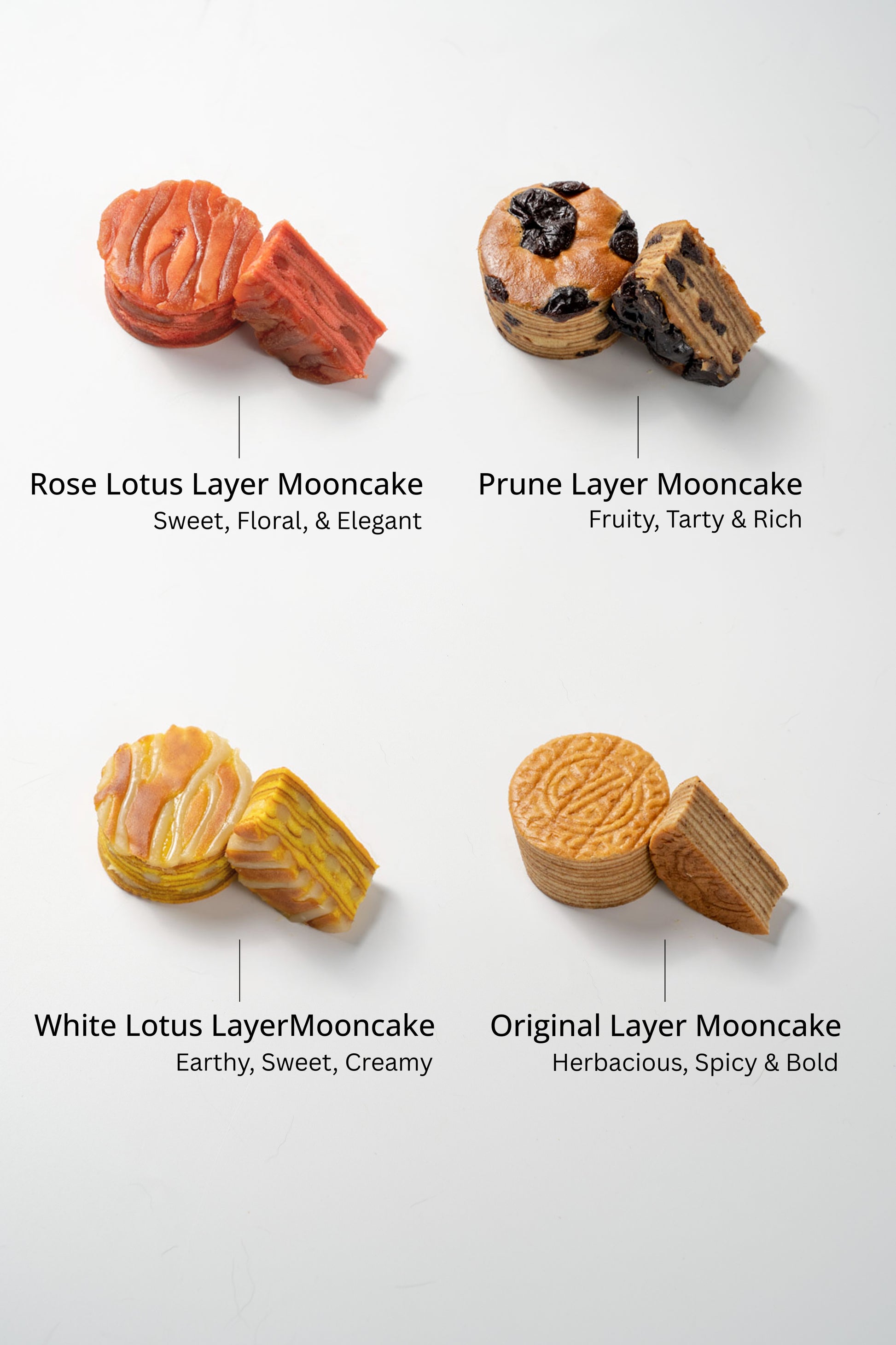 Four types of mooncake derived from layer cake shot on a white background